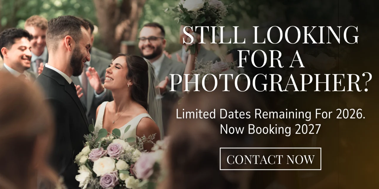 A wedding couple looking at each other while the wedding party cheers them on with text on the right side