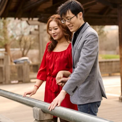 Guy and girl looking at the water Kariya Park Engagement Photoshoot