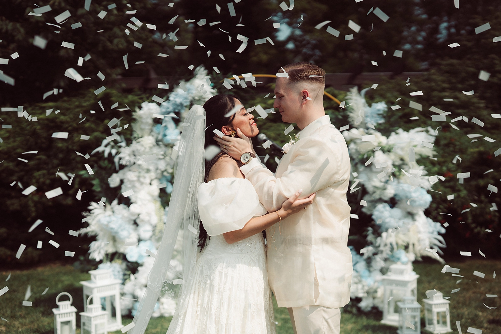Confetti during outdoor wedding ceremony