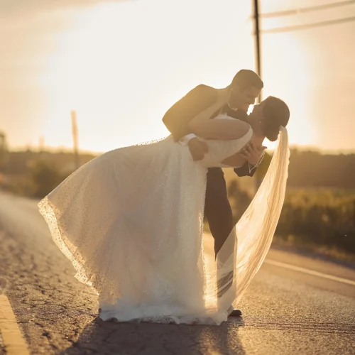 Outdoor intimate wedding moment of bride and groom